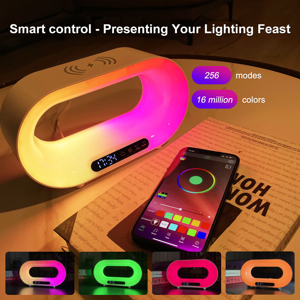 Multi-function 3 In 1 LED Night Light APP Control RGB Atmosphere Desk Lamp Smart Multifunctional Wireless Charger Alarm Clock - NOVAEDGE