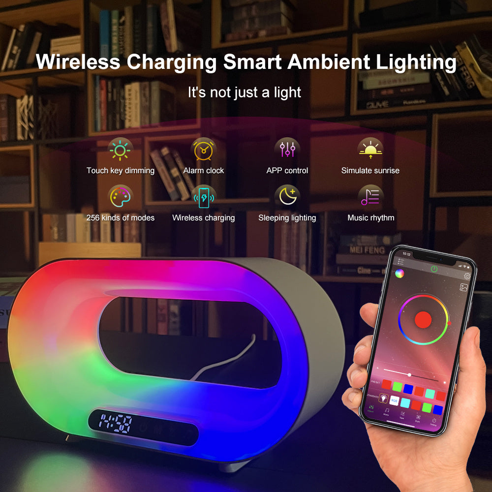 Multi-function 3 In 1 LED Night Light APP Control RGB Atmosphere Desk Lamp Smart Multifunctional Wireless Charger Alarm Clock - NOVAEDGE